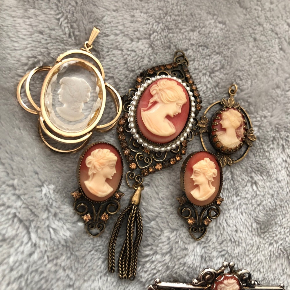6 vintage Cameos, 2 necklaces, pins, earring set